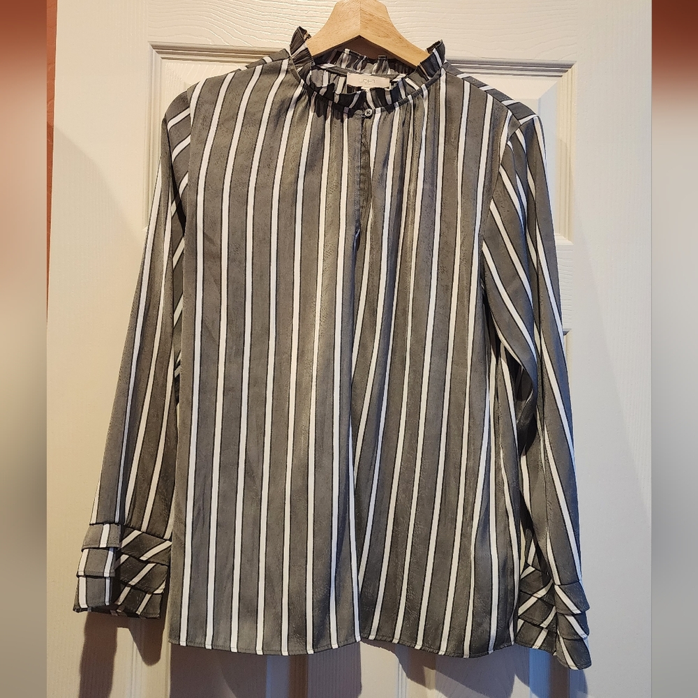 LOFT Gray and White Striped Blouse